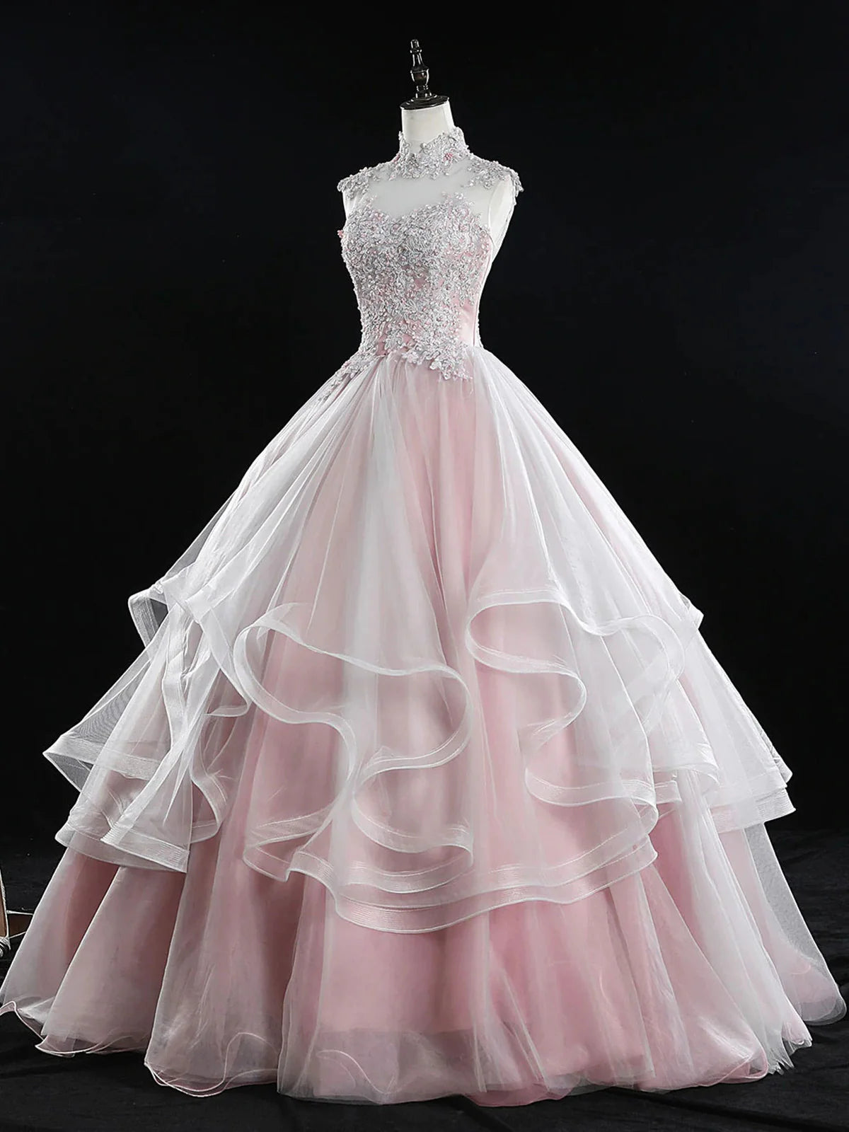 Robe de bal longue rose en tulle et dentelle, coupe trapèze, robe rose pour les 16 ans, ED0839
