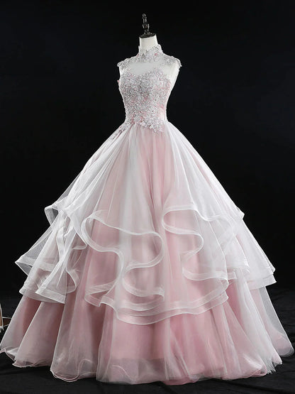 Robe de bal longue rose en tulle et dentelle, coupe trapèze, robe rose pour les 16 ans, ED0839