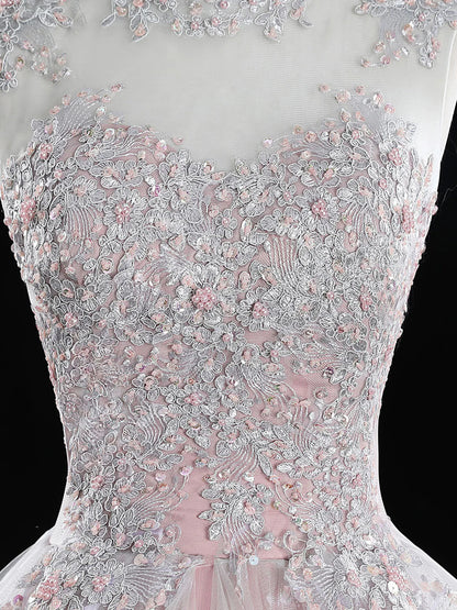 Robe de bal longue rose en tulle et dentelle, coupe trapèze, robe rose pour les 16 ans, ED0839