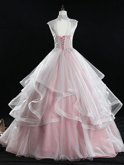 Robe de bal longue rose en tulle et dentelle, coupe trapèze, robe rose pour les 16 ans, ED0839