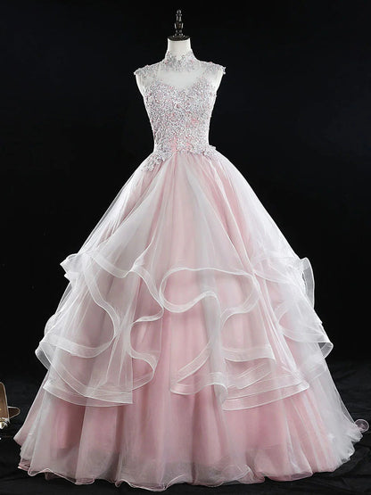 Robe de bal longue rose en tulle et dentelle, coupe trapèze, robe rose pour les 16 ans, ED0839