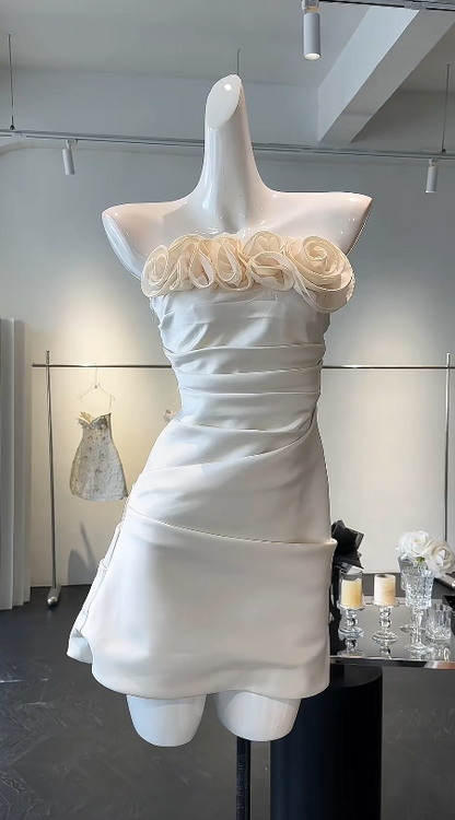 Chic Strapless Sheath Satin Birthday Dress Short Ivory Homecoming Dress  ED08392