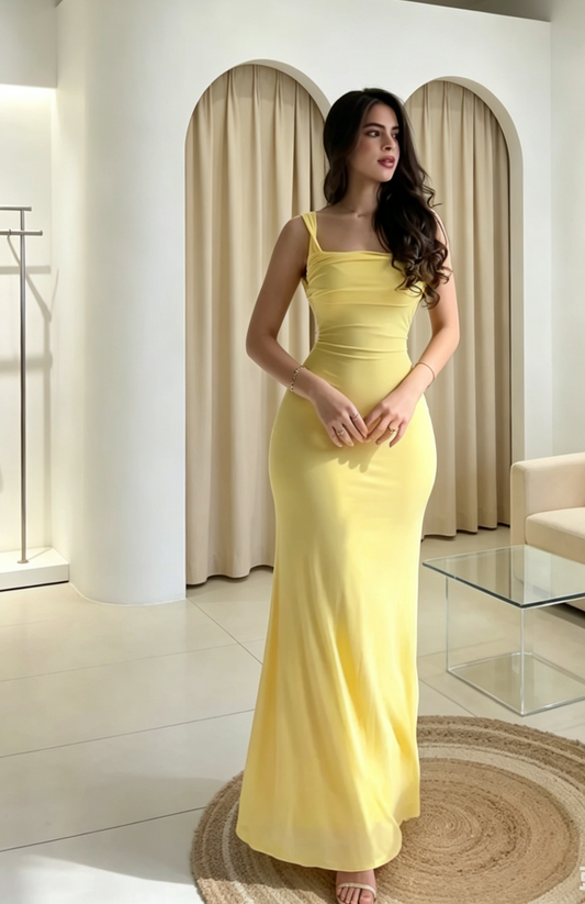 Chic Yellow Wedding Guest Dress Spaghetti Straps Sheath Chiffon Long Evening Dress ED08396