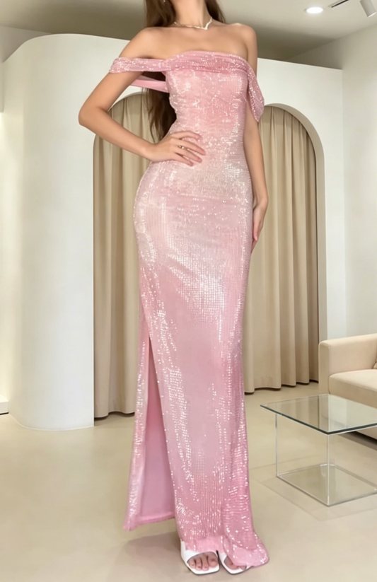 Elegantes rosafarbenes Gastkleid, schulterfrei, Etui-Stil, Pailletten, langes Abendkleid ED08398
