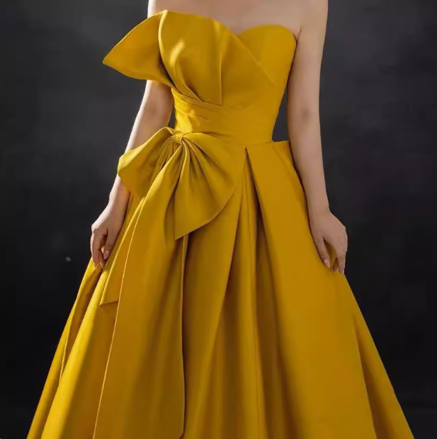 Yellow satin long prom dress, yellow evening dress ED0840