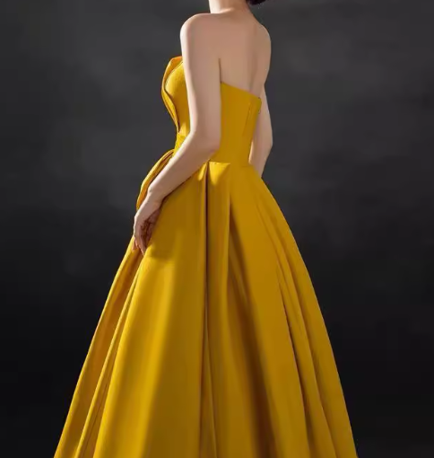 Yellow satin long prom dress, yellow evening dress ED0840