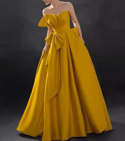 Yellow satin long prom dress, yellow evening dress ED0840