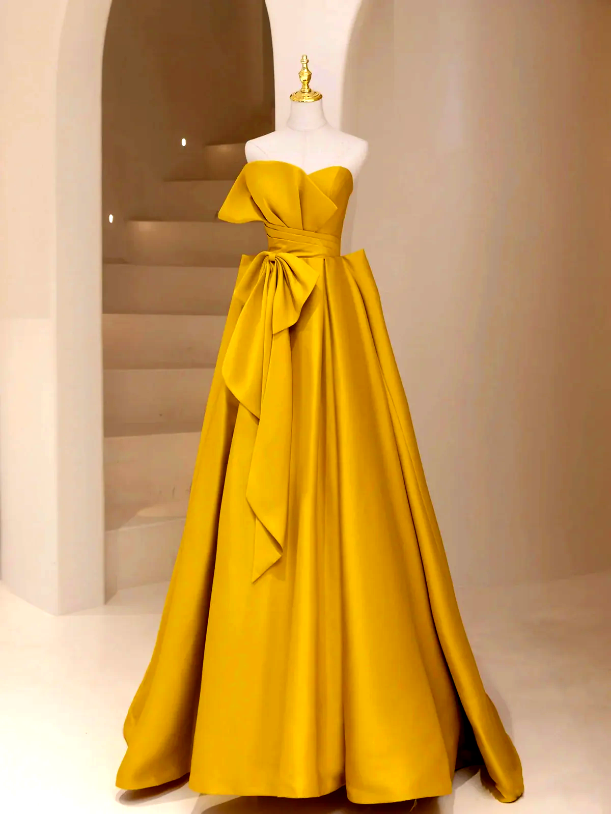 Yellow satin long prom dress, yellow evening dress ED0840