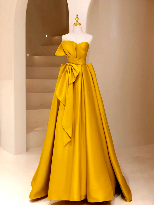 Yellow satin long prom dress, yellow evening dress ED0840