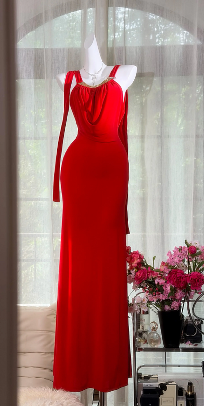 Elegantes rotes Ballkleid Neckholder Etui-Kleid Chiffon Langes Abendkleid ED08406