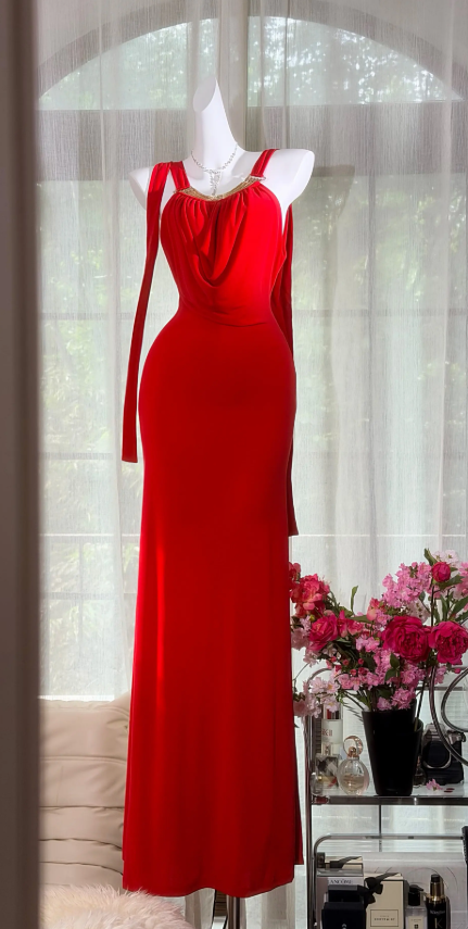 Elegant Red Prom Dress Halter Sheath Chiffon Long Evening Dress ED08406