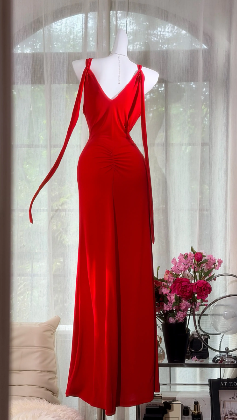 Elegantes rotes Ballkleid Neckholder Etui-Kleid Chiffon Langes Abendkleid ED08406