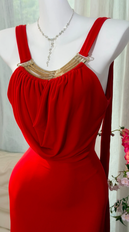 Elegantes rotes Ballkleid Neckholder Etui-Kleid Chiffon Langes Abendkleid ED08406