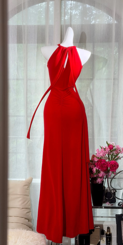 Elegantes rotes Ballkleid Neckholder Etui-Kleid Chiffon Langes Abendkleid ED08406