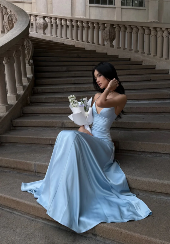 Elegantes blaues Ballkleid Spaghettiträger Etui Satin Langes Abendkleid ED08409-1