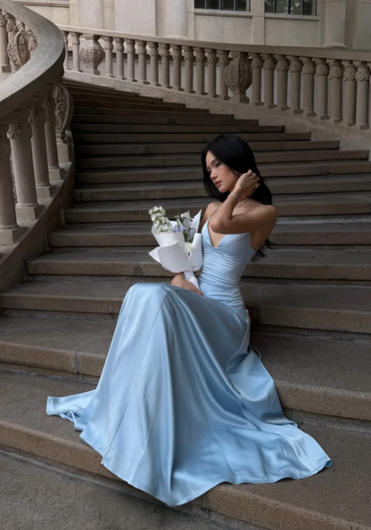 Elegantes blaues Ballkleid Spaghettiträger Etui Satin Langes Abendkleid ED08409-1