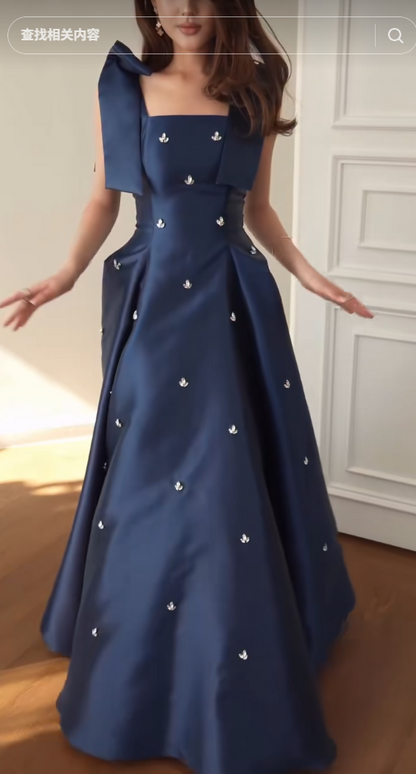 Elegant Navy Blue Wedding Guest Dress V-neck A-Line Satin Long Evening Dress ED08409