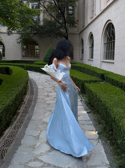 Elegantes blaues Ballkleid Spaghettiträger Etui Satin Langes Abendkleid ED08409-1