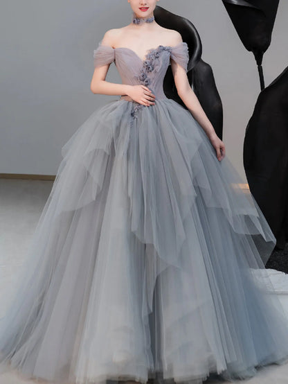 Robe de bal longue en tulle gris à col en cœur, robe de soirée grise ED0841