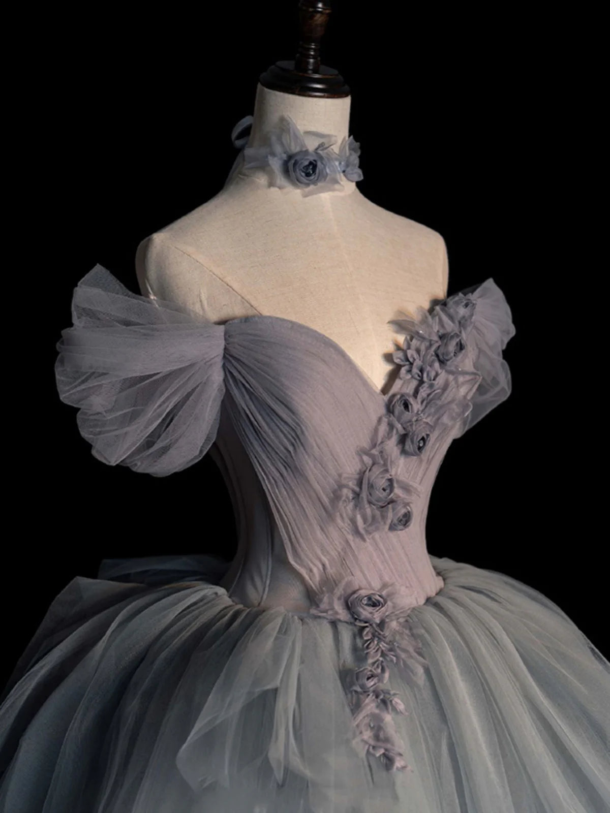 Robe de bal longue en tulle gris à col en cœur, robe de soirée grise ED0841
