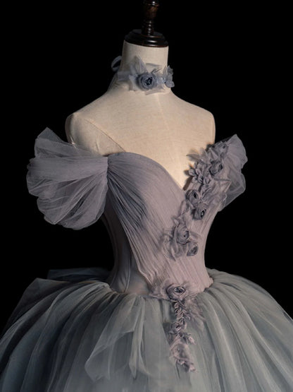 Robe de bal longue en tulle gris à col en cœur, robe de soirée grise ED0841