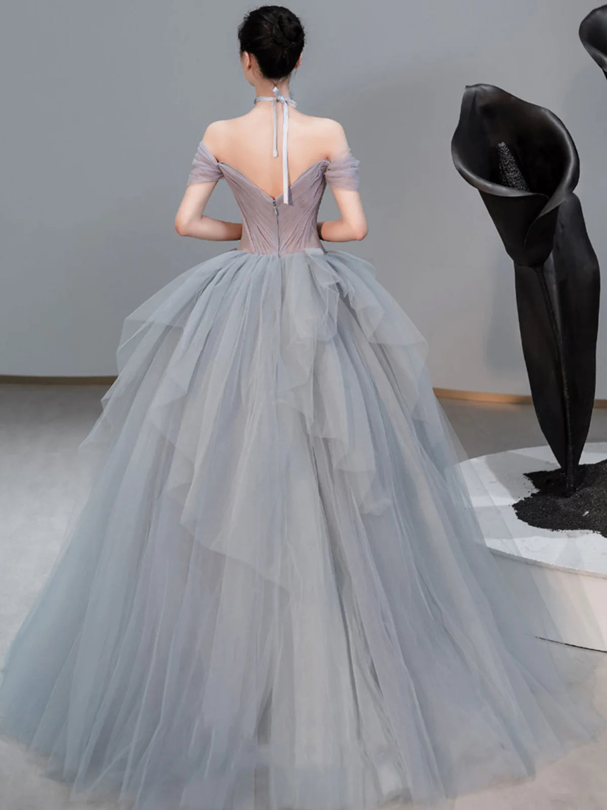 Robe de bal longue en tulle gris à col en cœur, robe de soirée grise ED0841