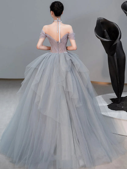 Robe de bal longue en tulle gris à col en cœur, robe de soirée grise ED0841
