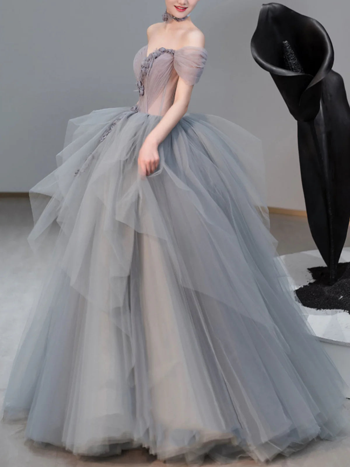 Robe de bal longue en tulle gris à col en cœur, robe de soirée grise ED0841
