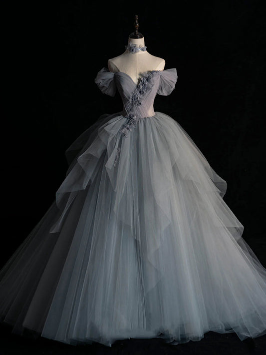 Robe de bal longue en tulle gris à col en cœur, robe de soirée grise ED0841