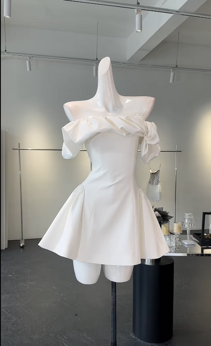 Simple Off-shoulder Summer Dress A-Line Satin Birthday Dress White Party Outfit ED08415