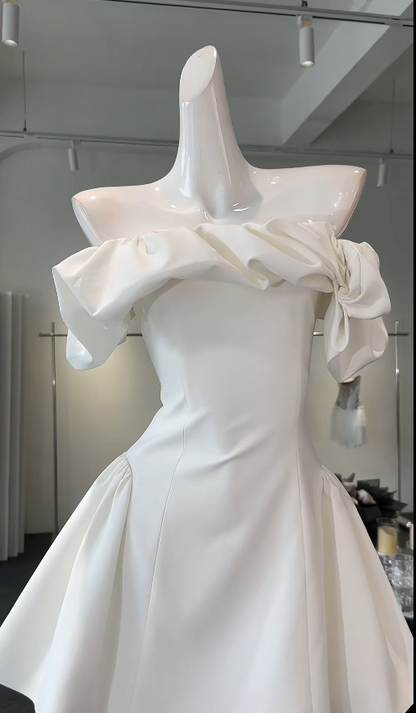 Simple Off-shoulder Summer Dress A-Line Satin Birthday Dress White Party Outfit ED08415