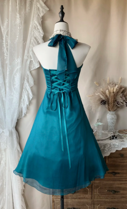 Simple Halter Summer Dress A-Line Chiffon Birthday Dress Teal Party Outfit ED08416