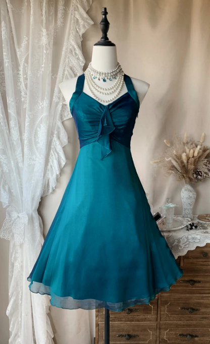 Simple Halter Summer Dress A-Line Chiffon Birthday Dress Teal Party Outfit ED08416