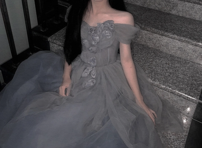 Robe de bal longue en tulle gris à col en cœur, robe de soirée grise ED0841