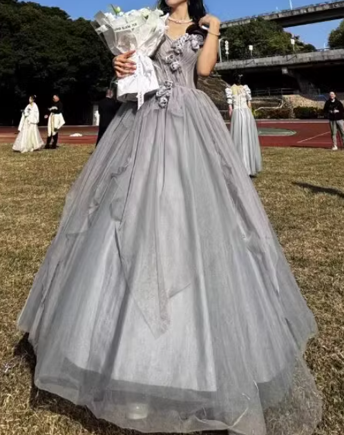Robe de bal longue en tulle gris à col en cœur, robe de soirée grise ED0841