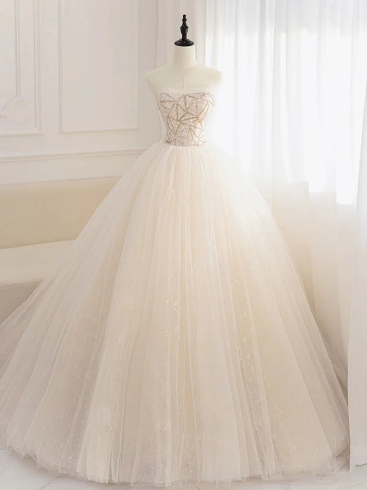 Robe de bal longue en tulle champagne à paillettes et perles, robe de soirée champagne ED0842