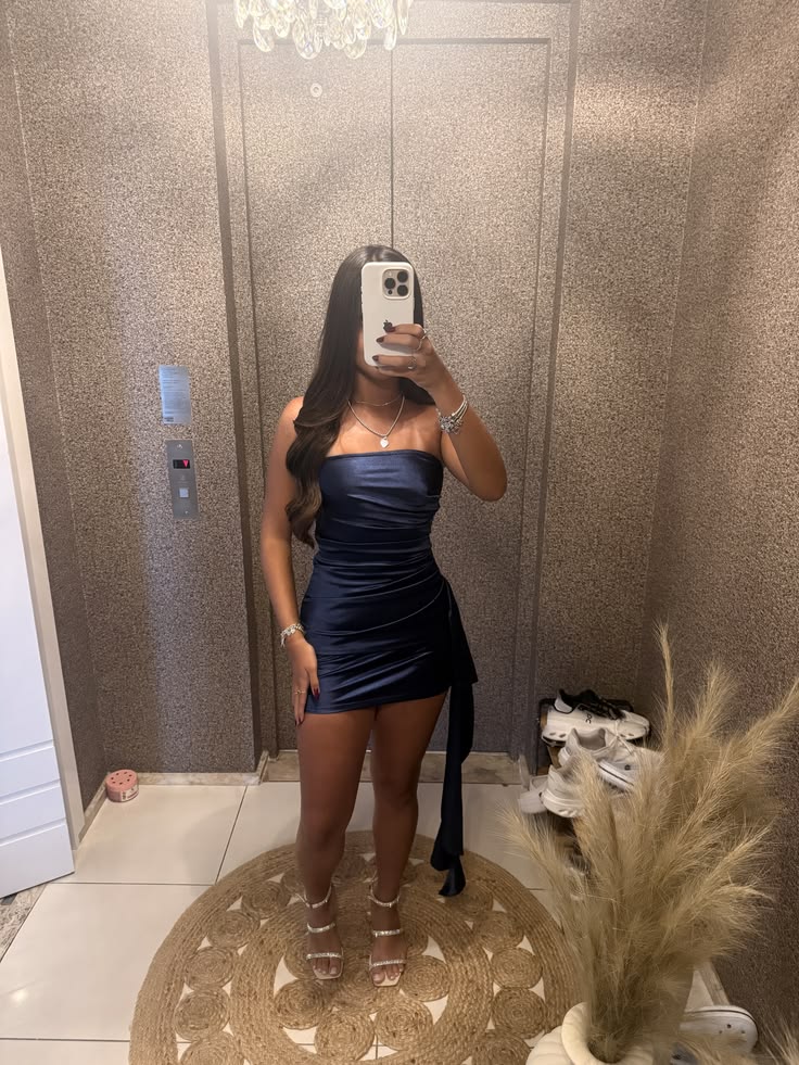 Chic Satin Sheath Party Outfit Strapless Date Dress Navy Blue Birthday Dress  ED08424