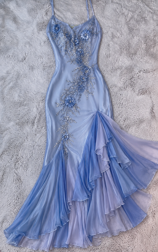 Sexy Spaghetti-Träger Meerjungfrauen-Geburtstagskleid Chiffon Perlen Blaues Abendkleid ED08434