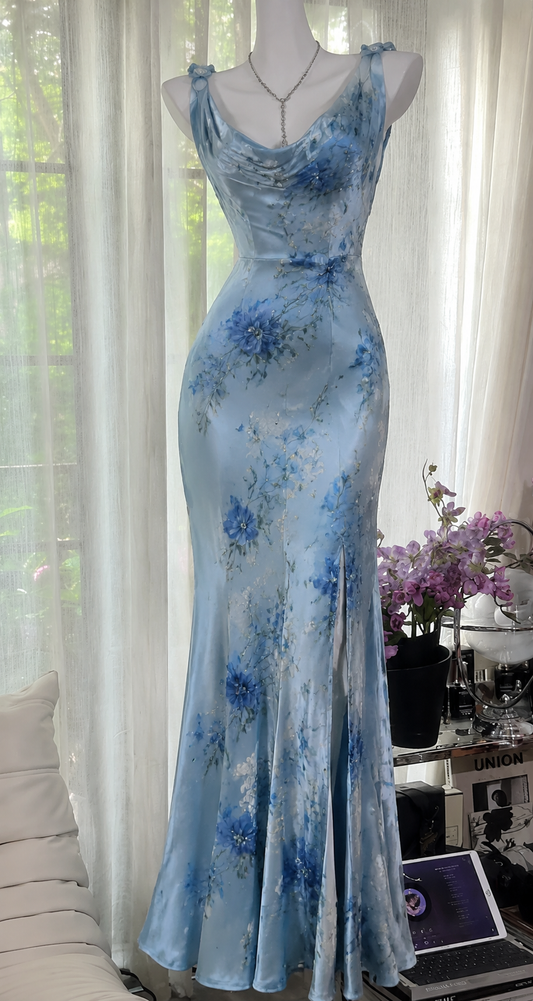 Elegantes blaues Ballkleid Träger Scheide Satin Blumen Langes Abendkleid ED08438