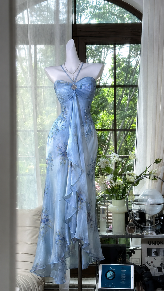 Elegantes blaues Ballkleid Neckholder Etui Chiffon Blumenmuster Langes Abendkleid ED08439