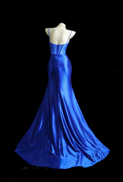 Elegant Spaghetti Straps Sheath Long Evening Dress Satin Royal Blue Prom Dress ED08441