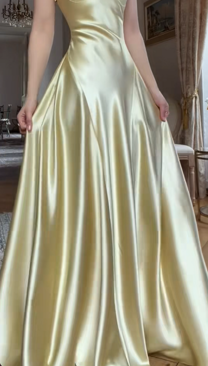 Chic Spaghetti Straps Sheath Satin Long Evening Dress Yellow Prom Dress  ED08450