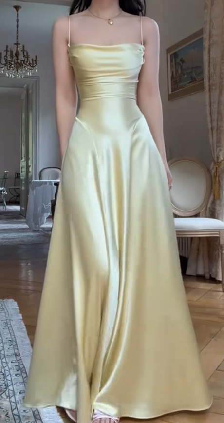 Chic Spaghetti Straps Sheath Satin Long Evening Dress Yellow Prom Dress  ED08450