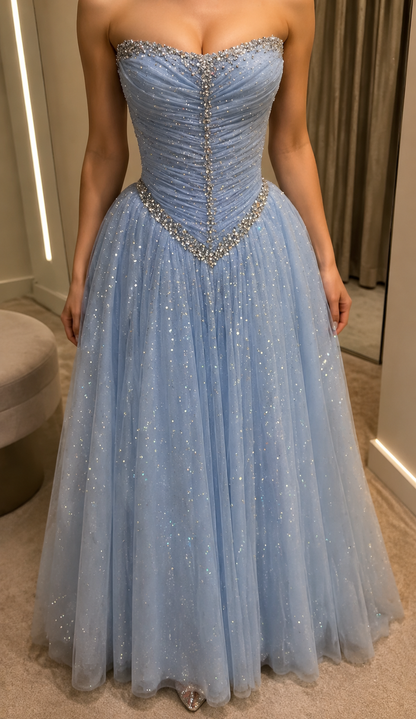 Chic Strapless A-Line Tulle Long Evening Dress Blue Prom Dress  ED08451