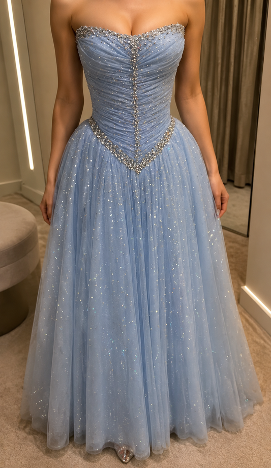 Chic Strapless A-Line Tulle Long Evening Dress Blue Prom Dress  ED08451