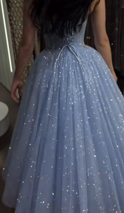 Chic Strapless A-Line Tulle Long Evening Dress Blue Prom Dress  ED08451
