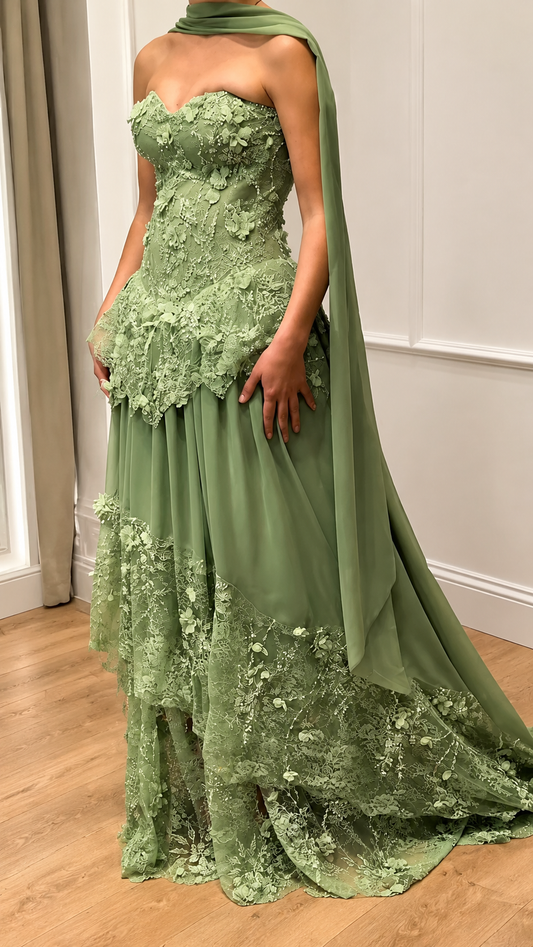 Chic Sweetheart Sheath Chiffon Lace Long Evening Dress Applique Green Prom Dress  ED08453