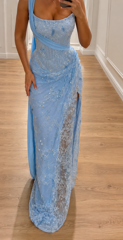 Elegantes, schulterfreies Etui-Abendkleid aus Spitze mit Applikationen, blaues Ballkleid ED08454