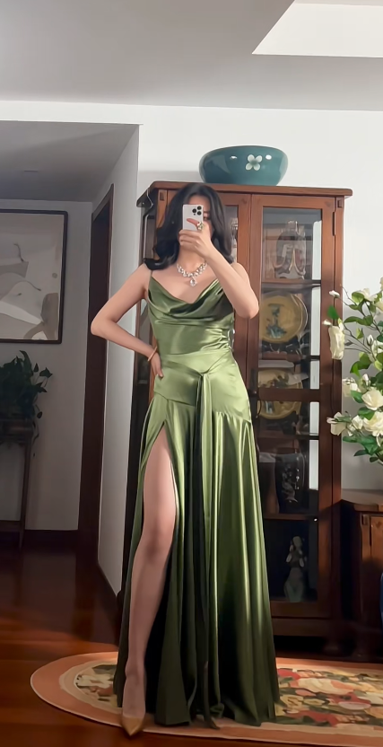 Chic Spaghetti Straps Sheath Satin Long Evening Dress Green Wedding Guest Dress  ED08455