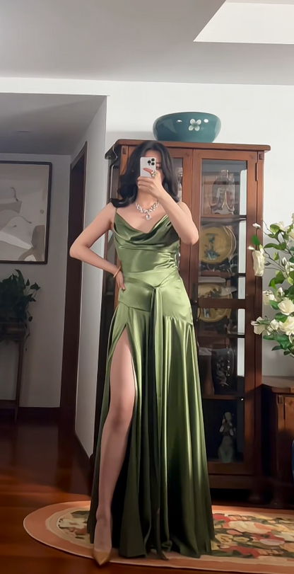 Chic Spaghetti Straps Sheath Satin Long Evening Dress Green Wedding Guest Dress  ED08455